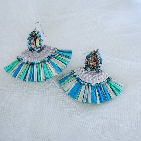 Large Boho Multi Color Fan Fringe Dangle Drop Earrings - Picture 2 of 15